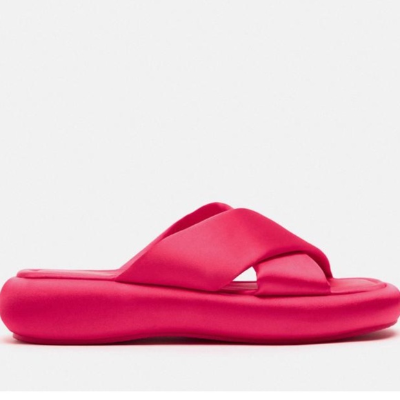 Zara fuchsia pink crossed satiny flat sandals slides NWT - Picture 2 of 8